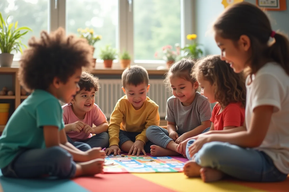 Groupe d'enfants jouant en classe avec un adulte souriant
