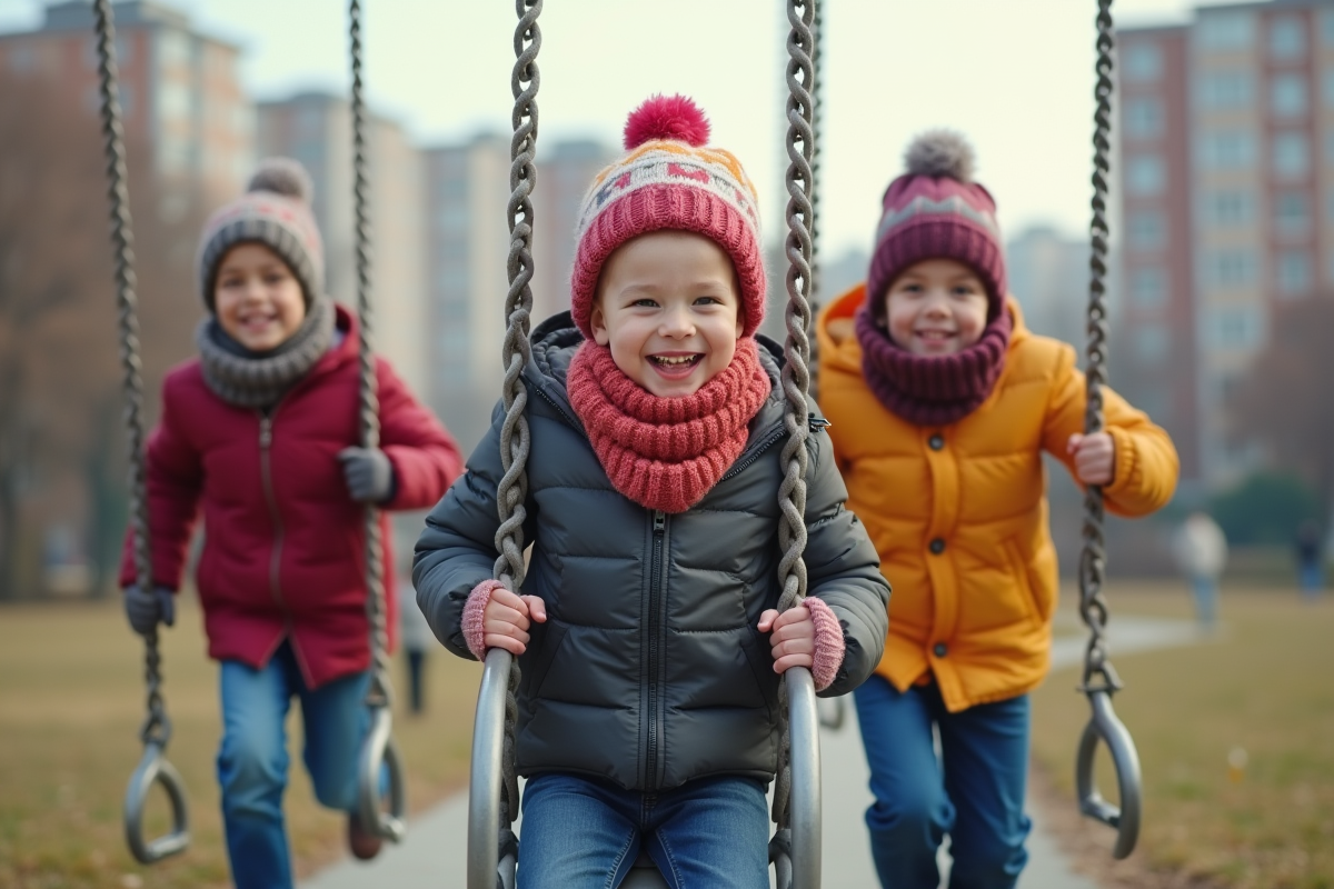 Enfants jouant dans un parc en hiver avec équipements de jeux