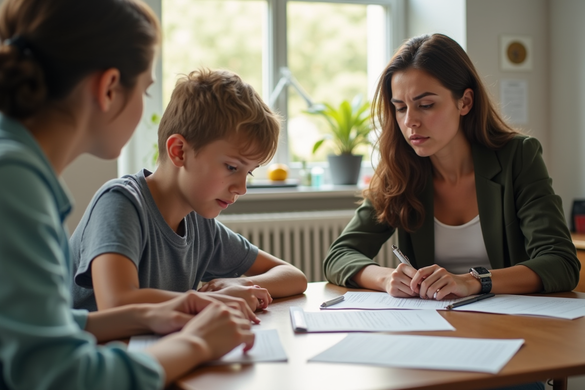 Enseignant et élève discutant de devoirs en lumière naturelle