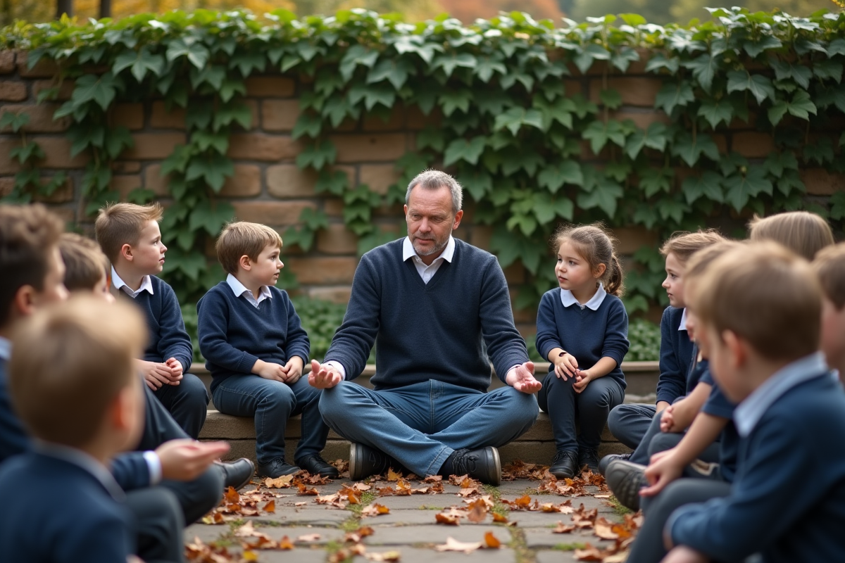 Enseignant avec enfants dans un jardin scolaire