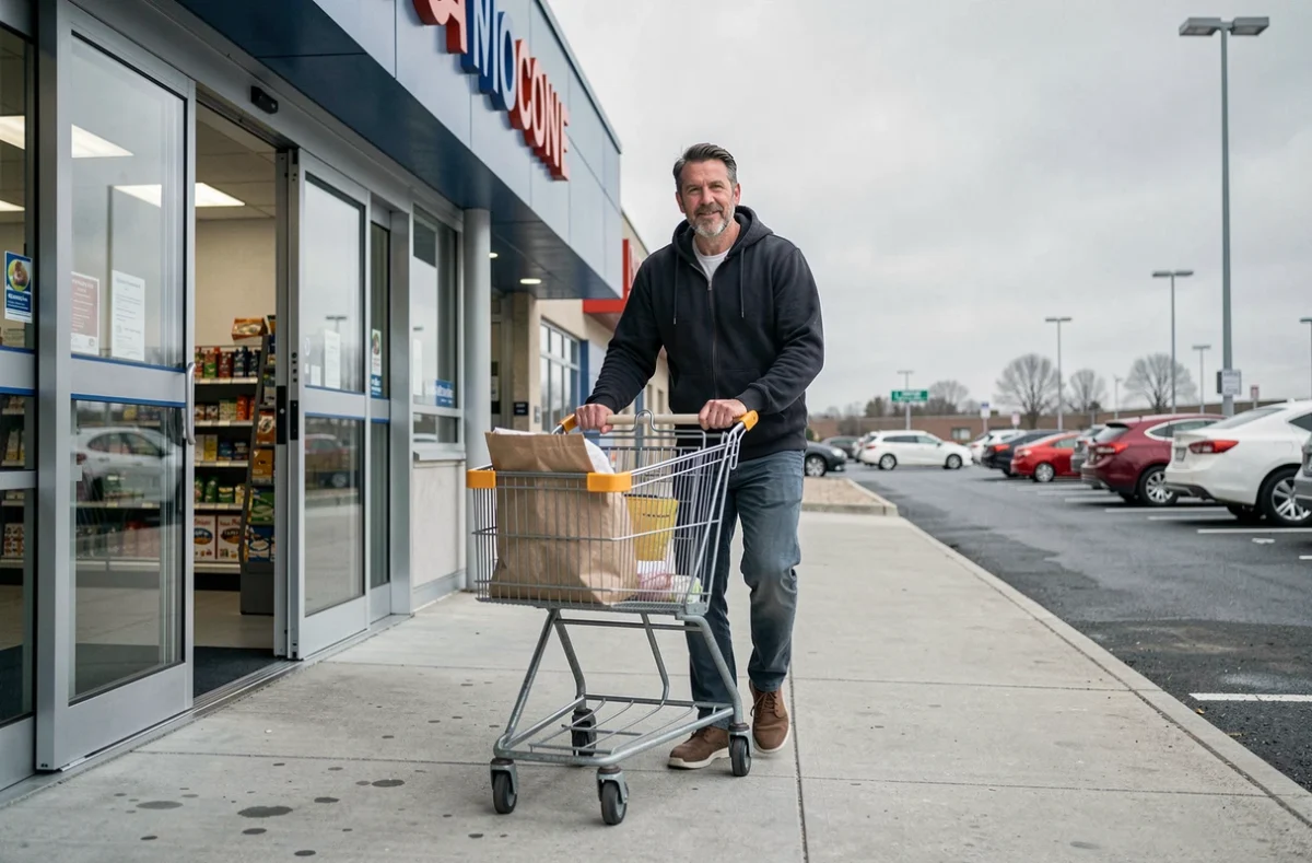 Homme entrant dans un supermarché discount avec un caddie, représentant l'expérience d'achat dans une grande enseigne à bas prix comme Lidl