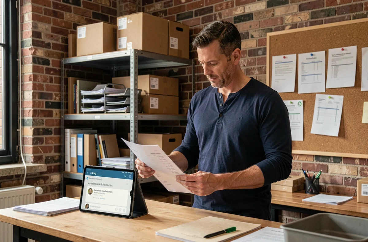 Entrepreneur consultant des relances automatiques sur tablette dans l'arrière-boutique d'une petite entreprise