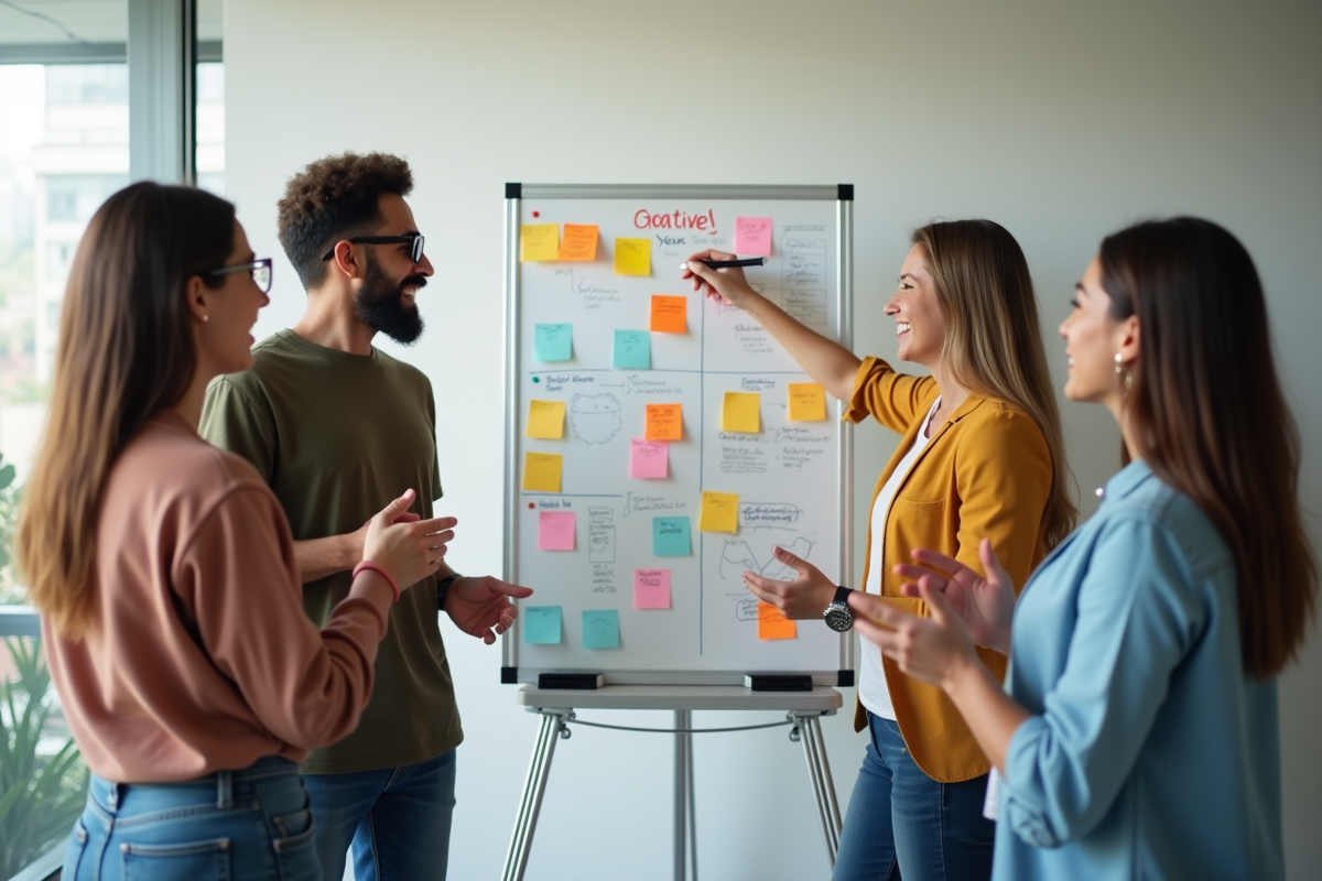 Equipe multiculturelle travaillant sur un projet créatif en open space