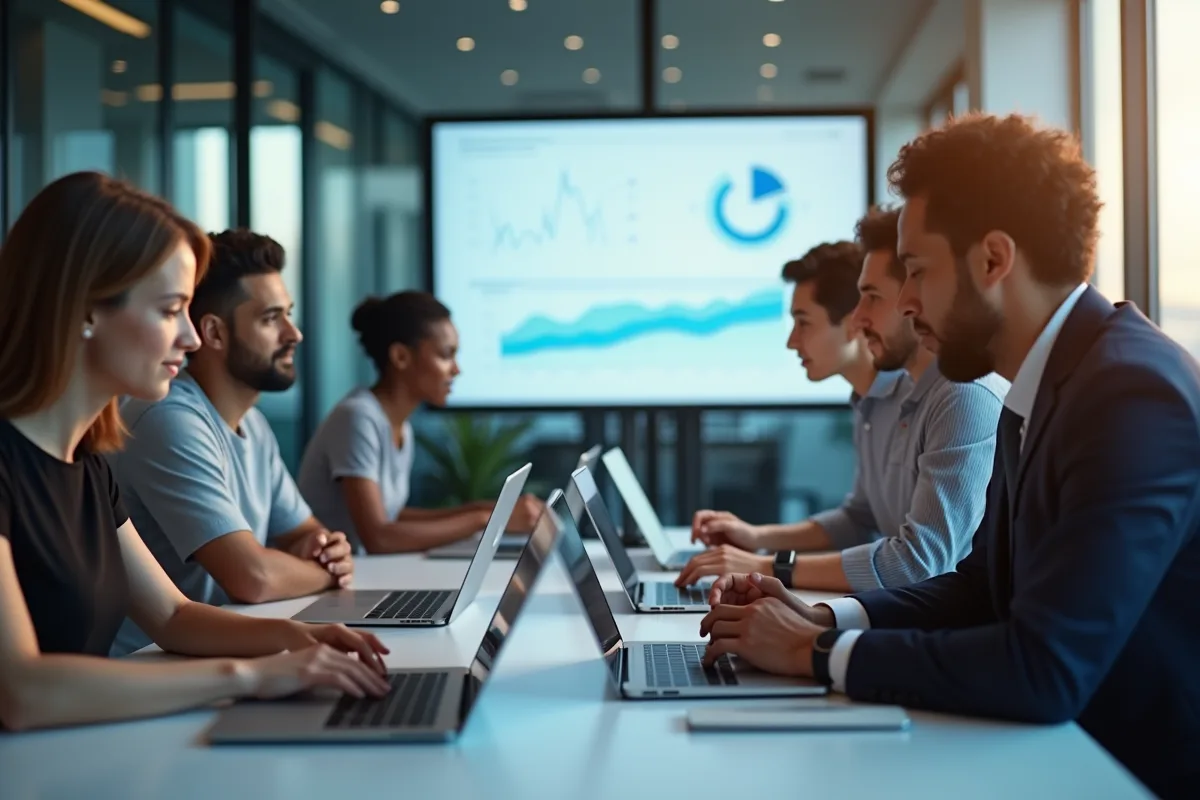 Équipe diverse collaborant autour d'une table de travail moderne