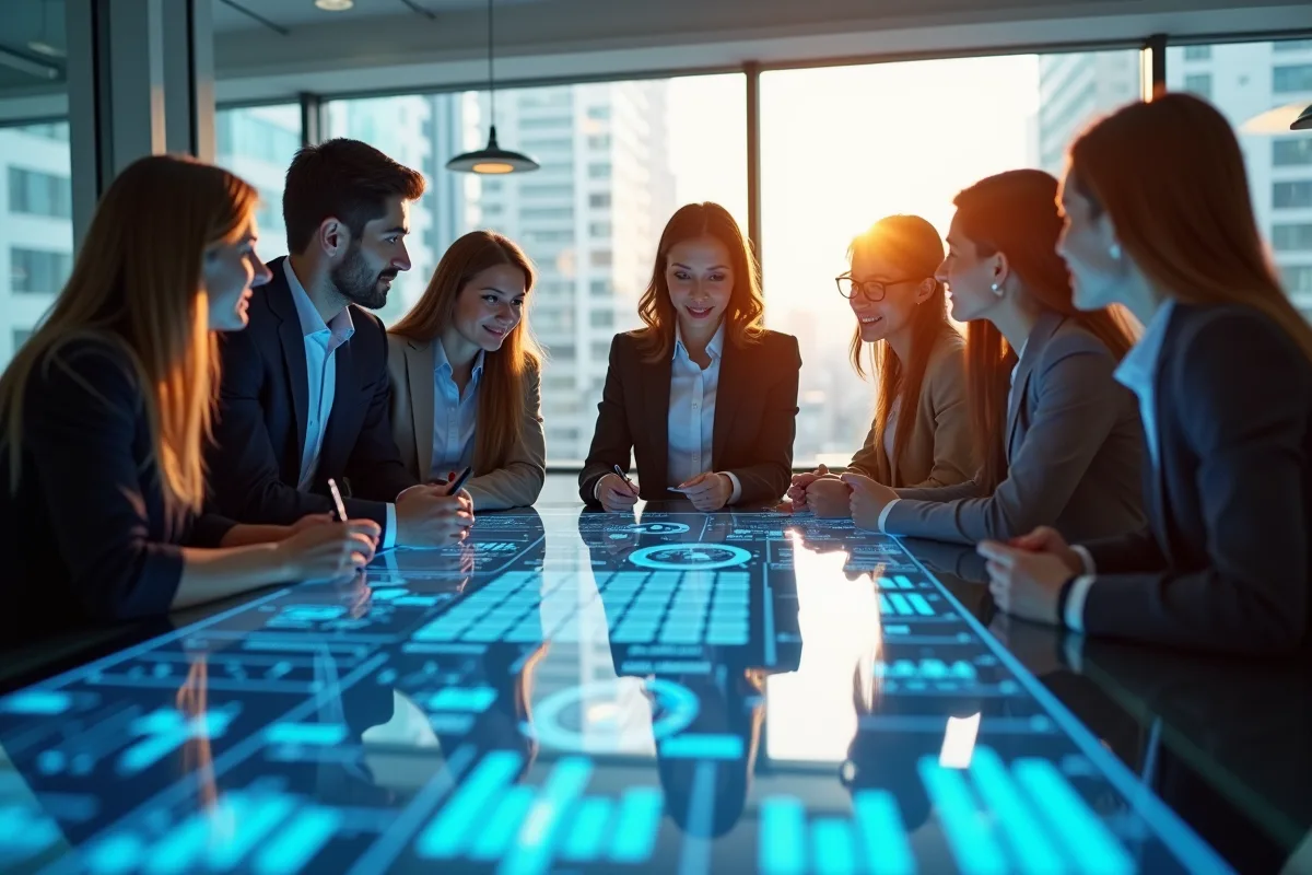 Groupe de jeunes professionnels analysant des hologrammes dans un bureau moderne
