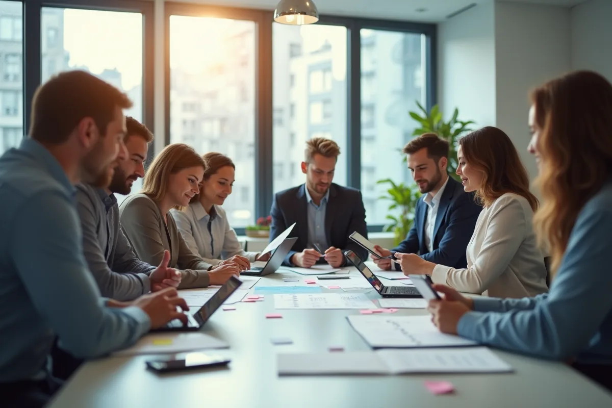 Groupe professionnel autour d'une table en réunion lumineuse