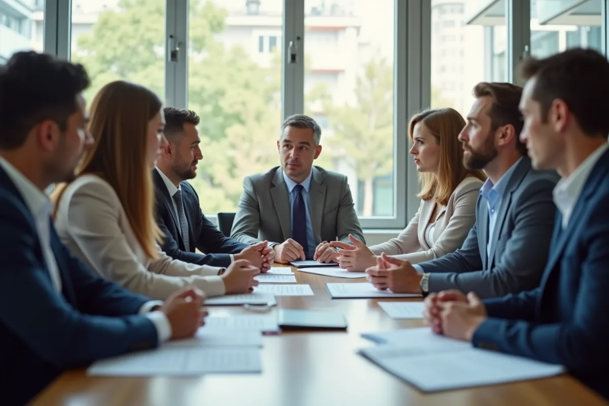 Groupe de professionnels en discussion sérieuse dans un bureau lumineux