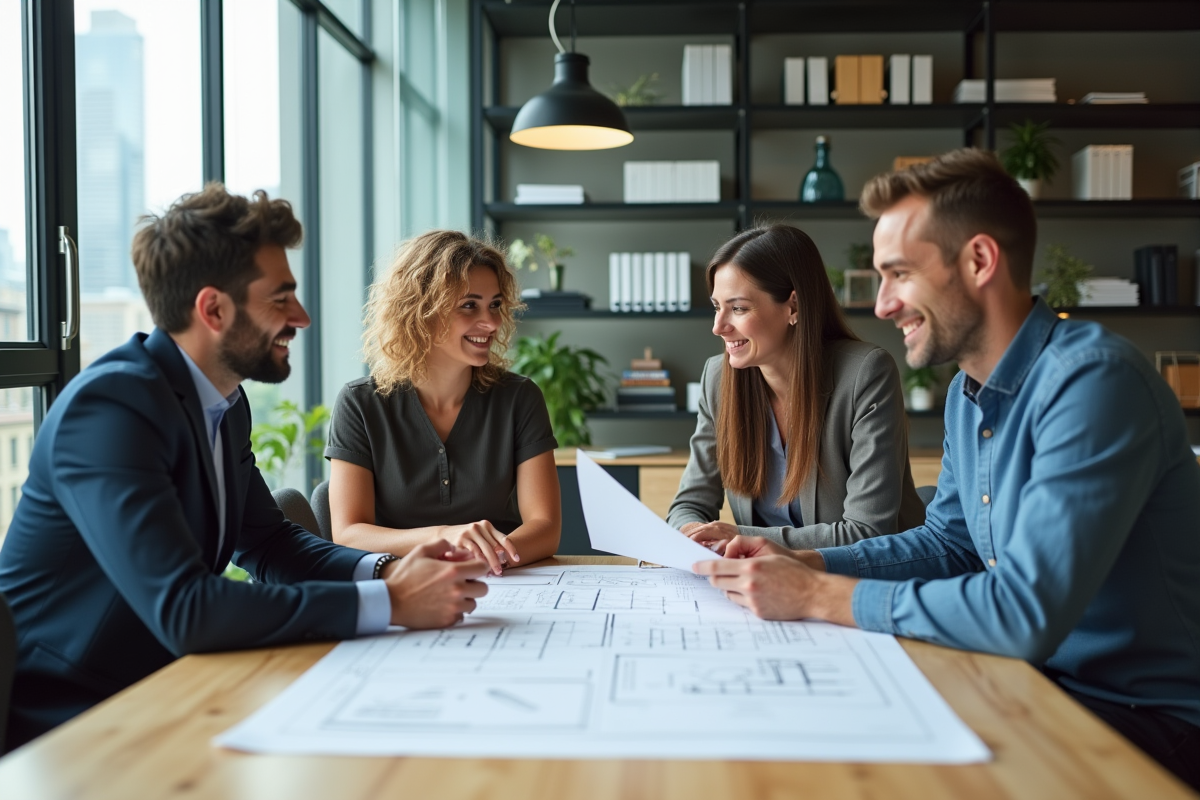 Groupe de professionnels en réunion autour de plans