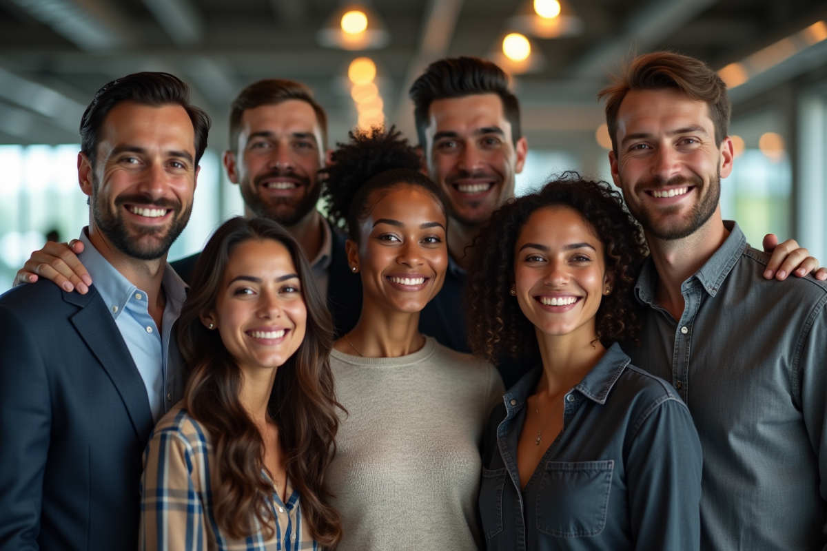 Équipe diversifiée souriant en équipe dans un espace de travail