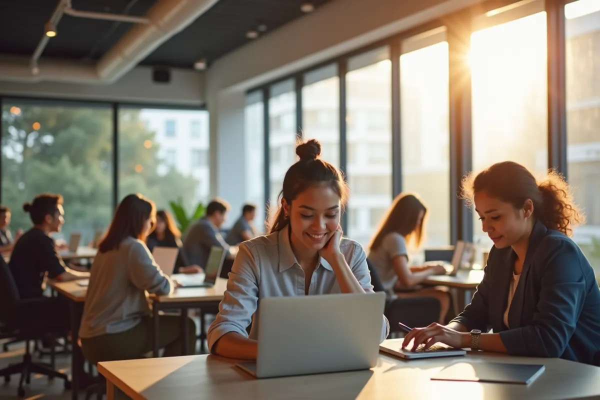 Espace coworking moderne lumineux avec des personnes travaillant