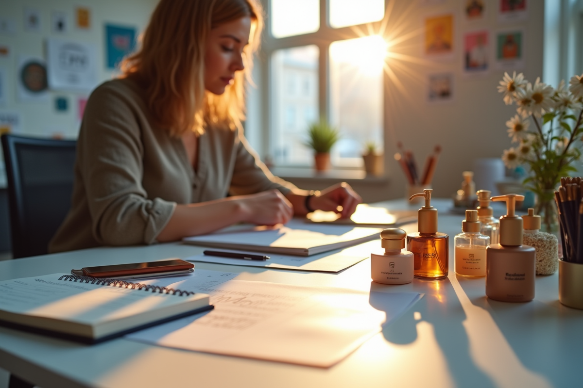 Espace de travail créatif avec un designer et des échantillons