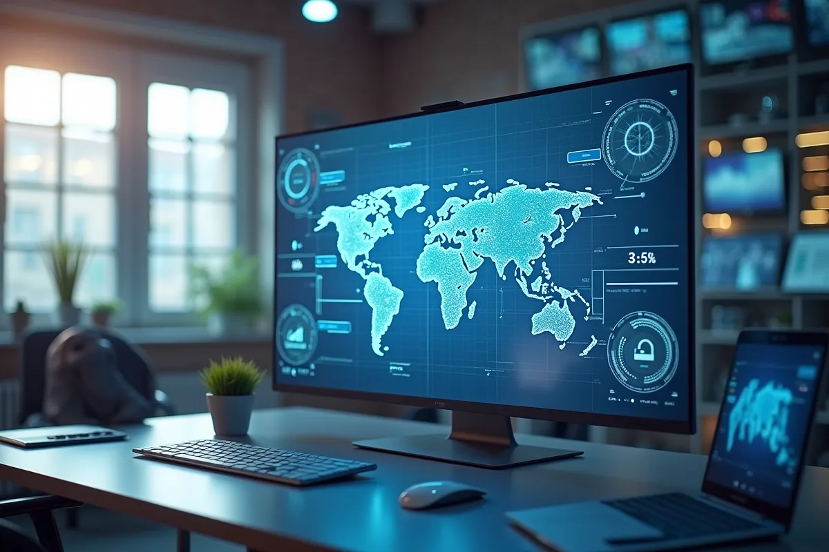 Espace de travail moderne avec écrans high-tech et réalité augmentée