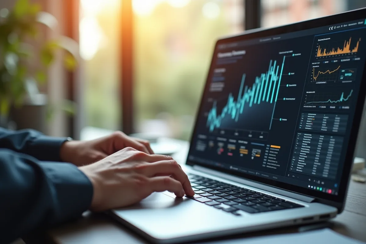 Espace de travail professionnel avec diagramme blockchain