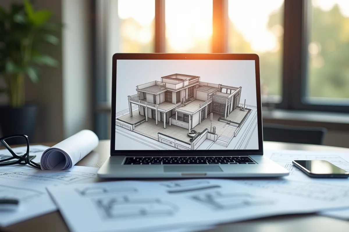 Espace de travail numérique moderne avec plan 3D et documents