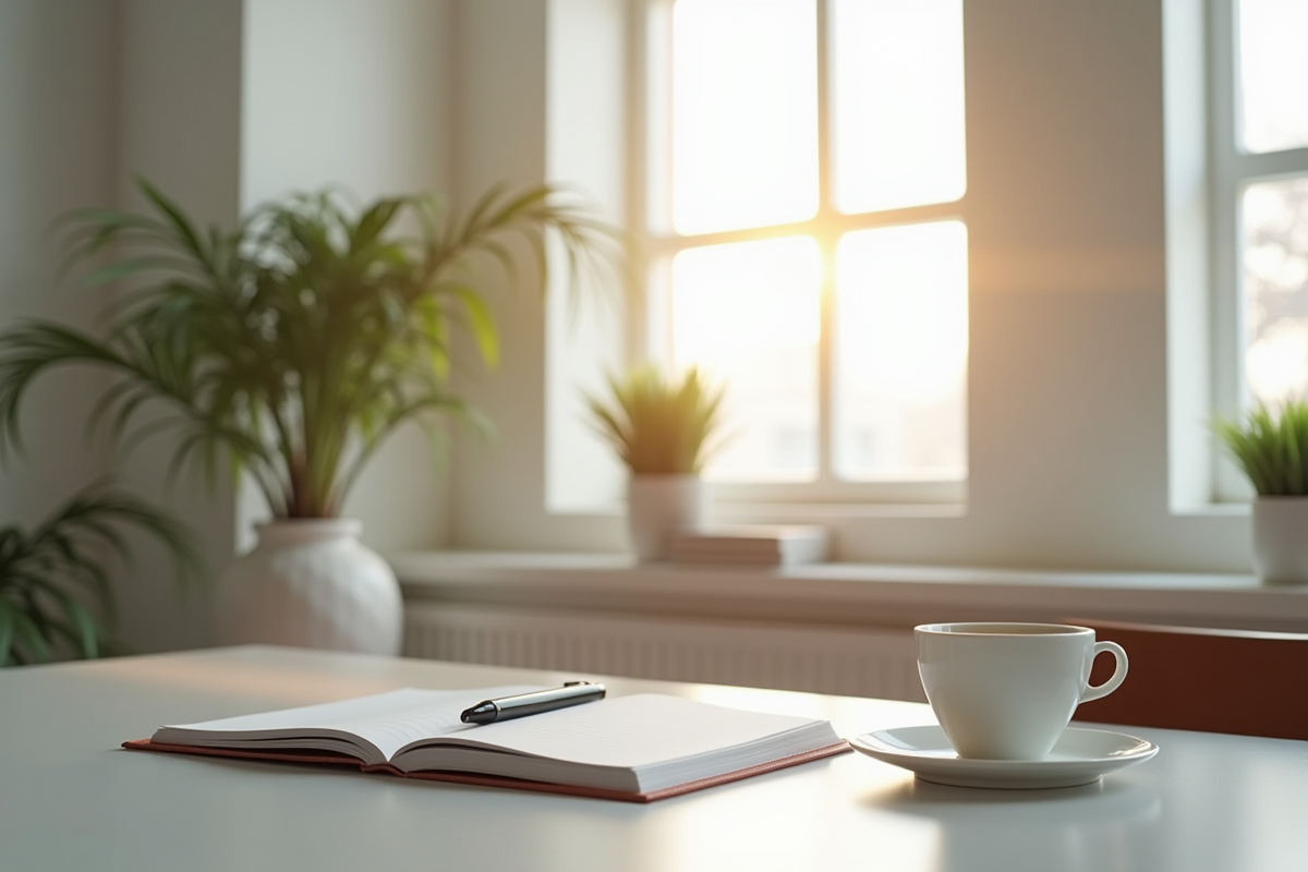 Espace de travail organisé avec tasse de tisane
