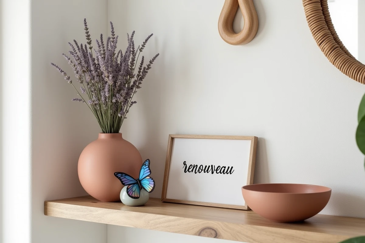 Étagère en chêne avec figurine papillon en résine bleue, lavande séchée et carte calligraphiée dans une entrée feng shui contemporaine
