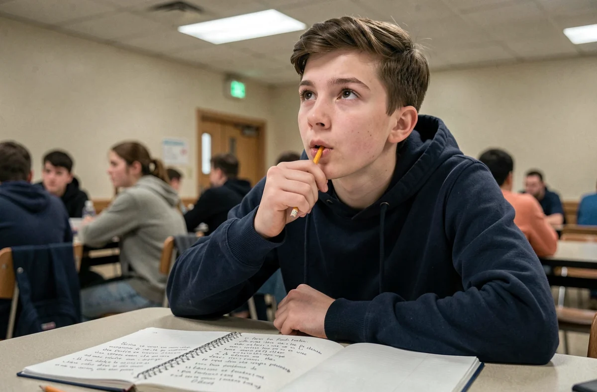 Adolescent pensif prenant des notes dans un cahier scolaire, symbolisant les difficultés orthographiques liées à la phonétique du français comme la confusion enfait enfaite