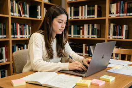 Étudiante préparant un mémoire à son bureau avec des notes manuscrites et un ordinateur portable dans une bibliothèque universitaire