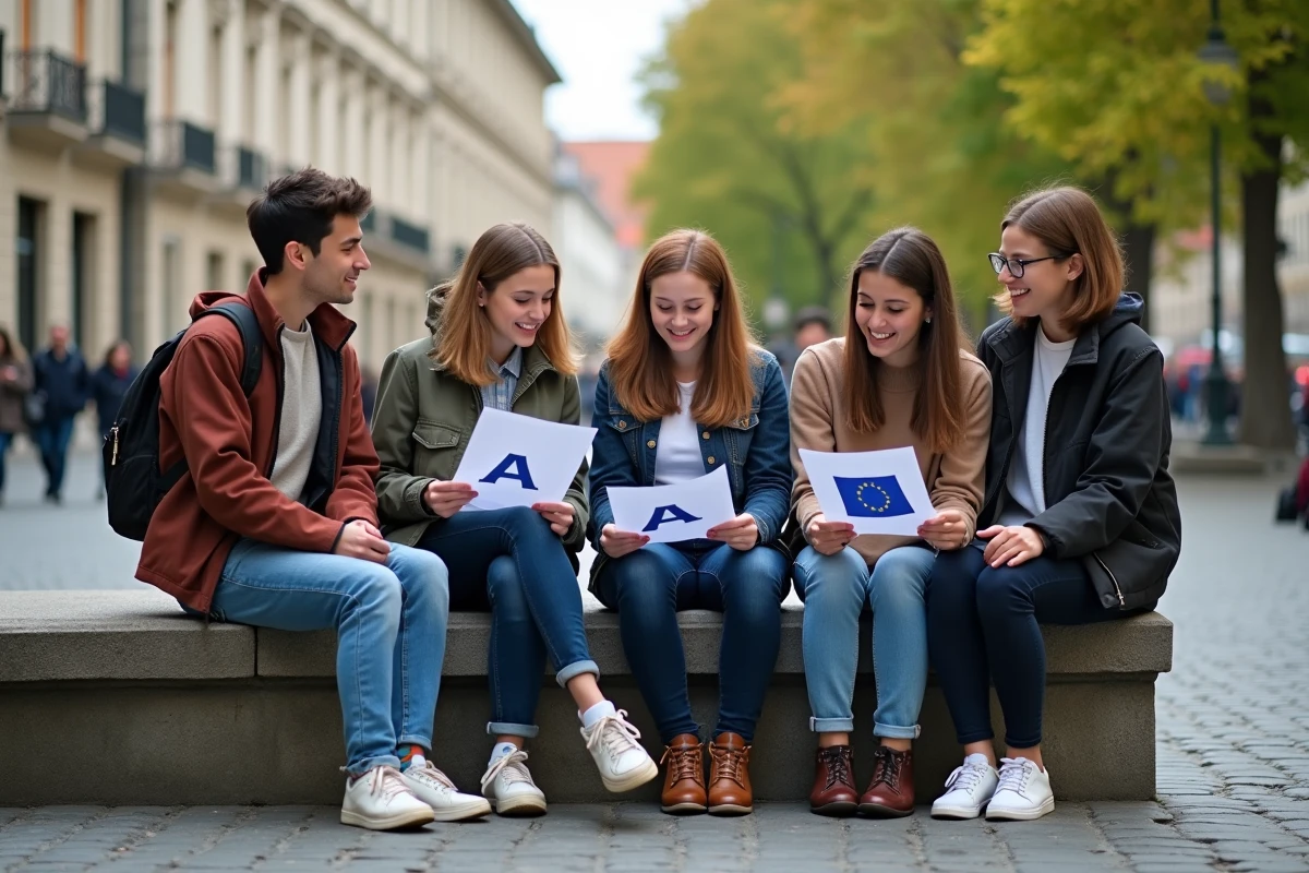 Etudiants universitaires discutant en espace urbain européen