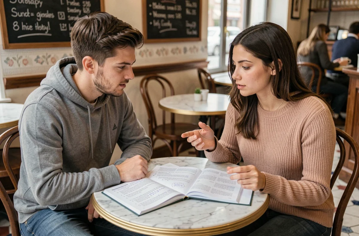 Deux étudiants discutant de la conjugaison et des temps verbaux français autour d'un livre dans un café