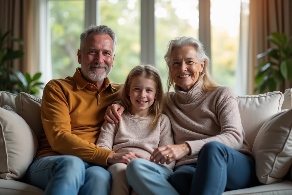 Famille contemporaine assise sur un canapé lumineux