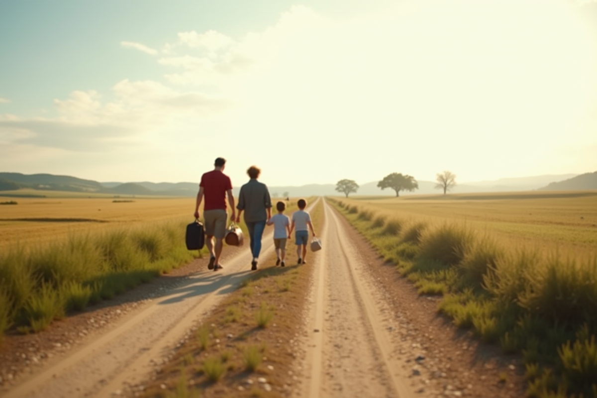 Famille marchant dans un paysage rural en plein jour