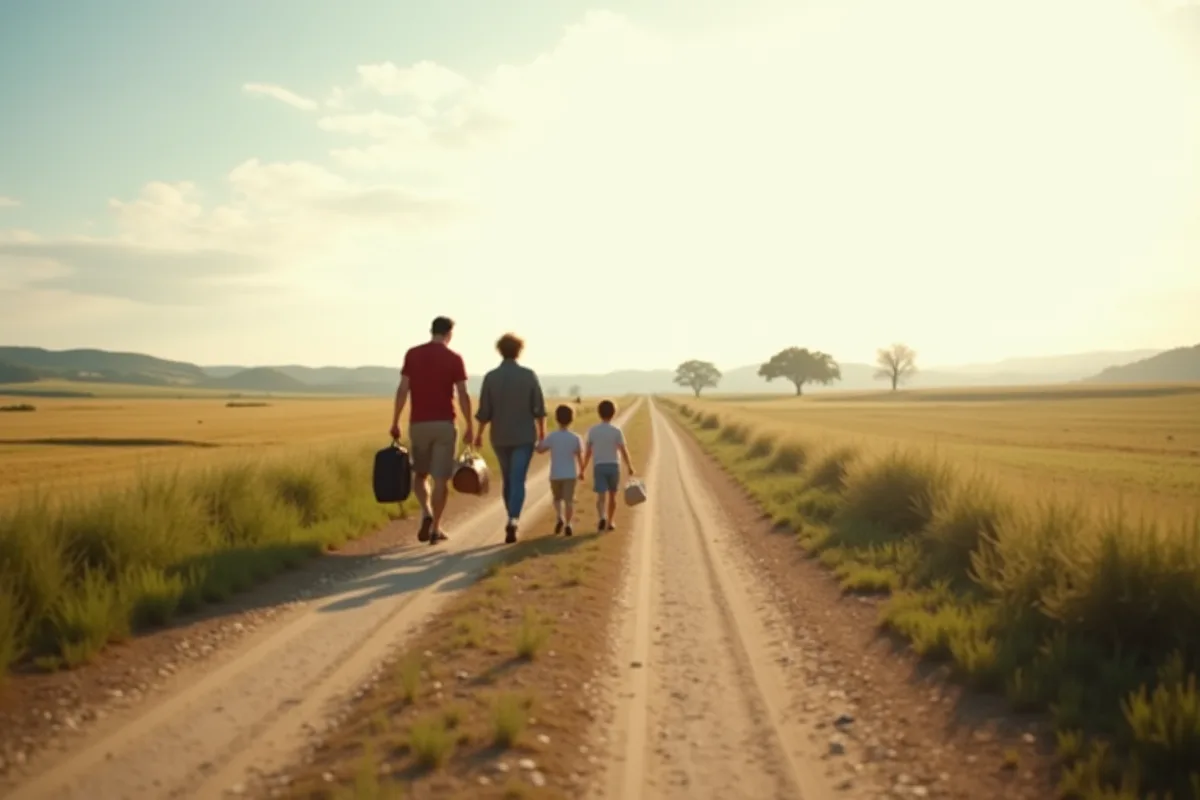 Famille marchant dans un paysage rural en plein jour