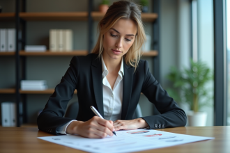Jeune femme d'affaires en réunion avec documents et icônes standards