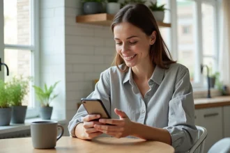 Femme utilisant une application de services à domicile sur smartphone dans une cuisine moderne