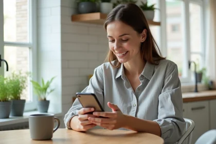Femme utilisant une application de services à domicile sur smartphone dans une cuisine moderne