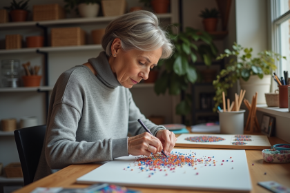 Femme concentrée à son atelier de peinture de diamants