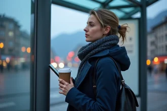 Jeune femme attente tram Grenoble au petit matin