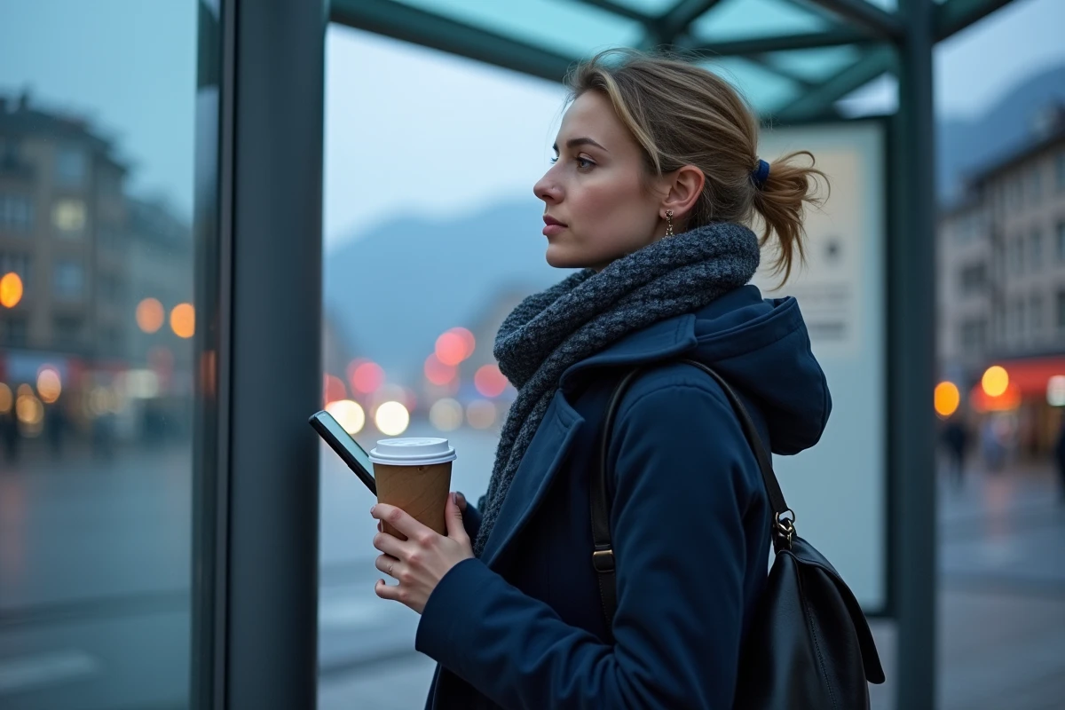 Jeune femme attente tram Grenoble au petit matin