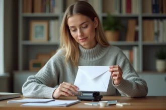 Femme pesant une lettre sur une balance postale pour choisir le bon timbre