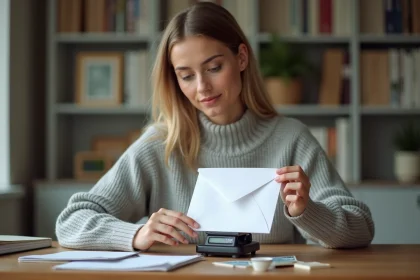 Femme pesant une lettre sur une balance postale pour choisir le bon timbre