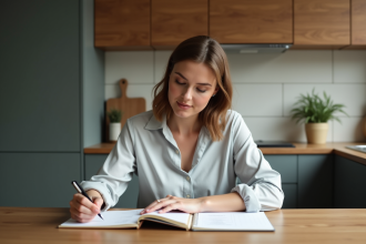 Femme travaillant sur un budget écrit à la maison