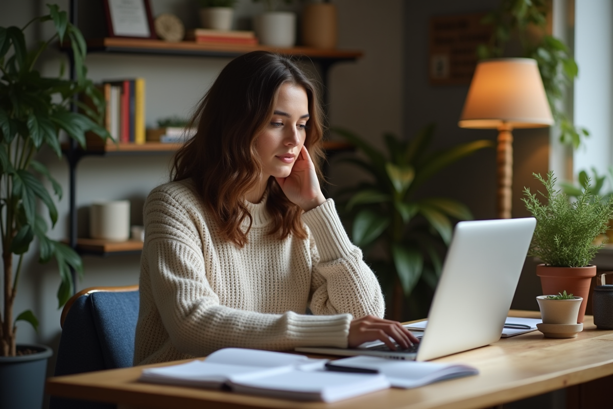 Femme assise à son bureau dans un home office chaleureux