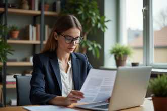 Femme professionnelle lisant un document dans son bureau
