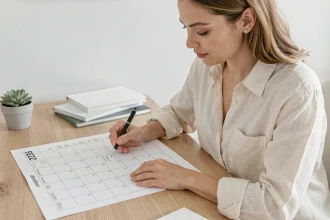 Femme consultant un calendrier trimestriel 2026 en français imprimé en format A3 sur un bureau en bois clair