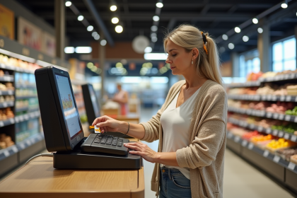 Femme d'âge moyen utilisant une caisse automatique dans un supermarché moderne