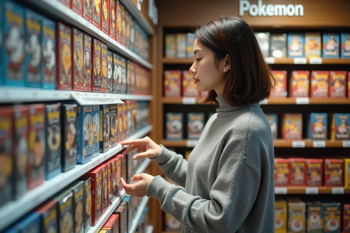 Femme choisissant un coffret Pokémon EV10.5 dans un magasin de jeux de cartes bien fourni