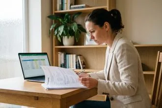 Femme comparant des contrats de leasing automobile à son bureau à domicile avec des documents imprimés et un ordinateur portable