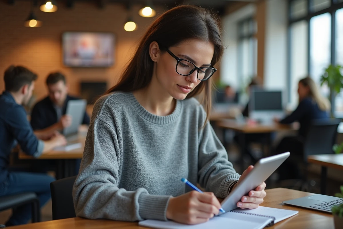 Femme au coworking en train de travailler sur sa tablette