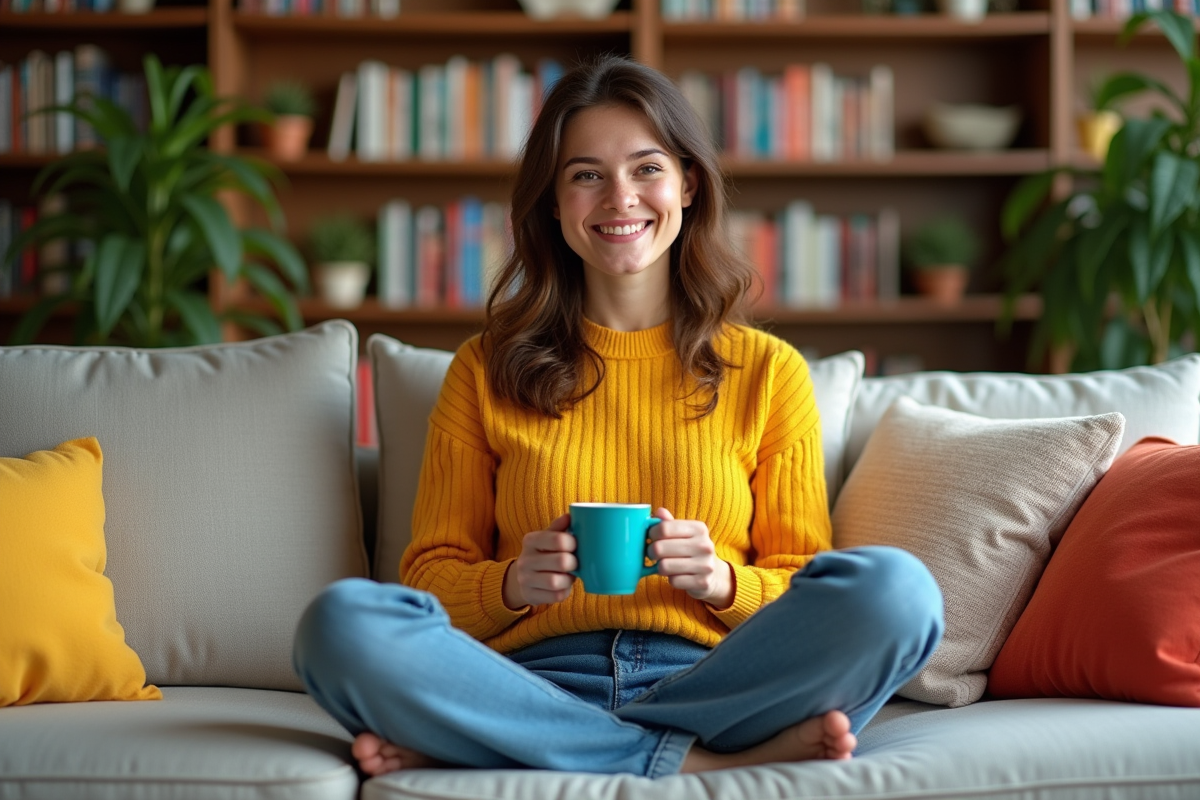 Femme souriante dans un salon chaleureux avec livres et plantes