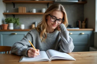 Jeune femme lisant un livre de mots croises dans la cuisine