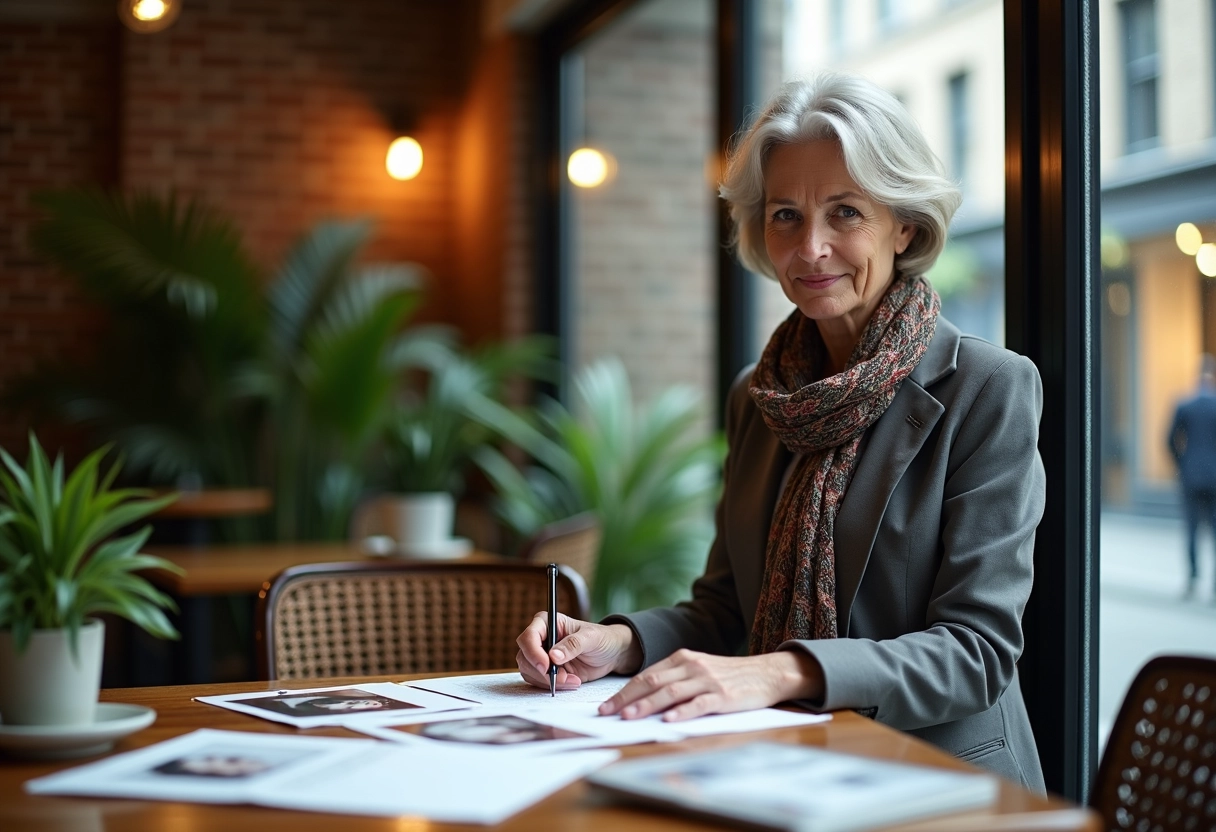 Femme curatrice examinant des photos et CV sur une table en café