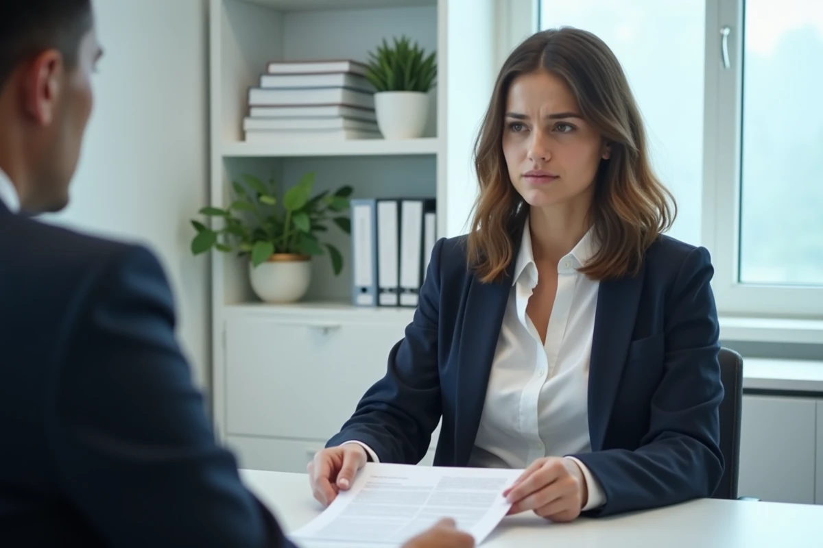Femme consultant un avocat après avoir été déboutée de sa demande en justice, tenant une lettre de rejet légal