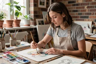 Femme adulte débutante en aquarelle assise à un bureau en bois avec des pinceaux et des couleurs, explorant une activité créative à la maison