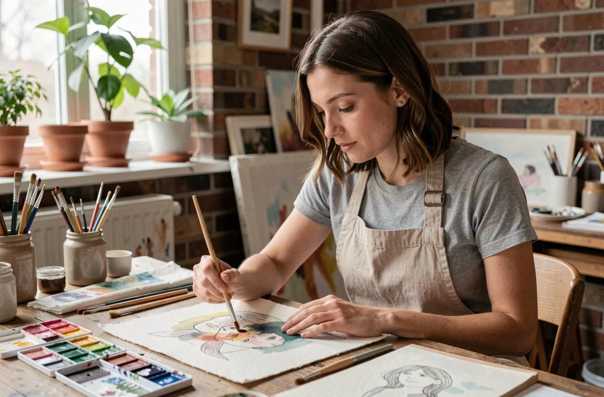 Femme adulte débutante en aquarelle assise à un bureau en bois avec des pinceaux et des couleurs, explorant une activité créative à la maison