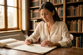 Femme écrivant une strophe de huit vers pour un sonnet détourné dans une bibliothèque chaleureuse